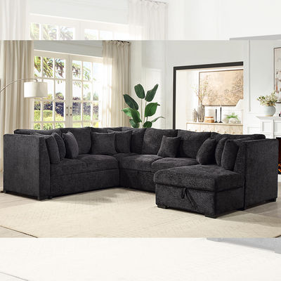 U形の横寝ソファ 引き出しベッドと収納用 チェイスラウンジ 黒い布