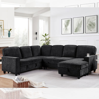 U-Shaped Sectional Sleeper Sofa with Pull Out Bed and Storage Chaise Lounge and Storage Loveseat and USB Charging Port, Charcoal Black Chenille