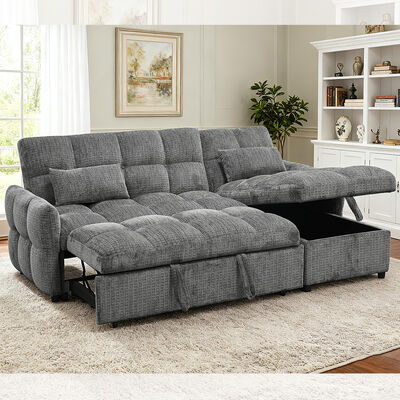 L-Shaped Sectional Sleeper Sofa with Pull-Out Bed and Adjustable Backrest and Storage Chaise, Gray Chenille